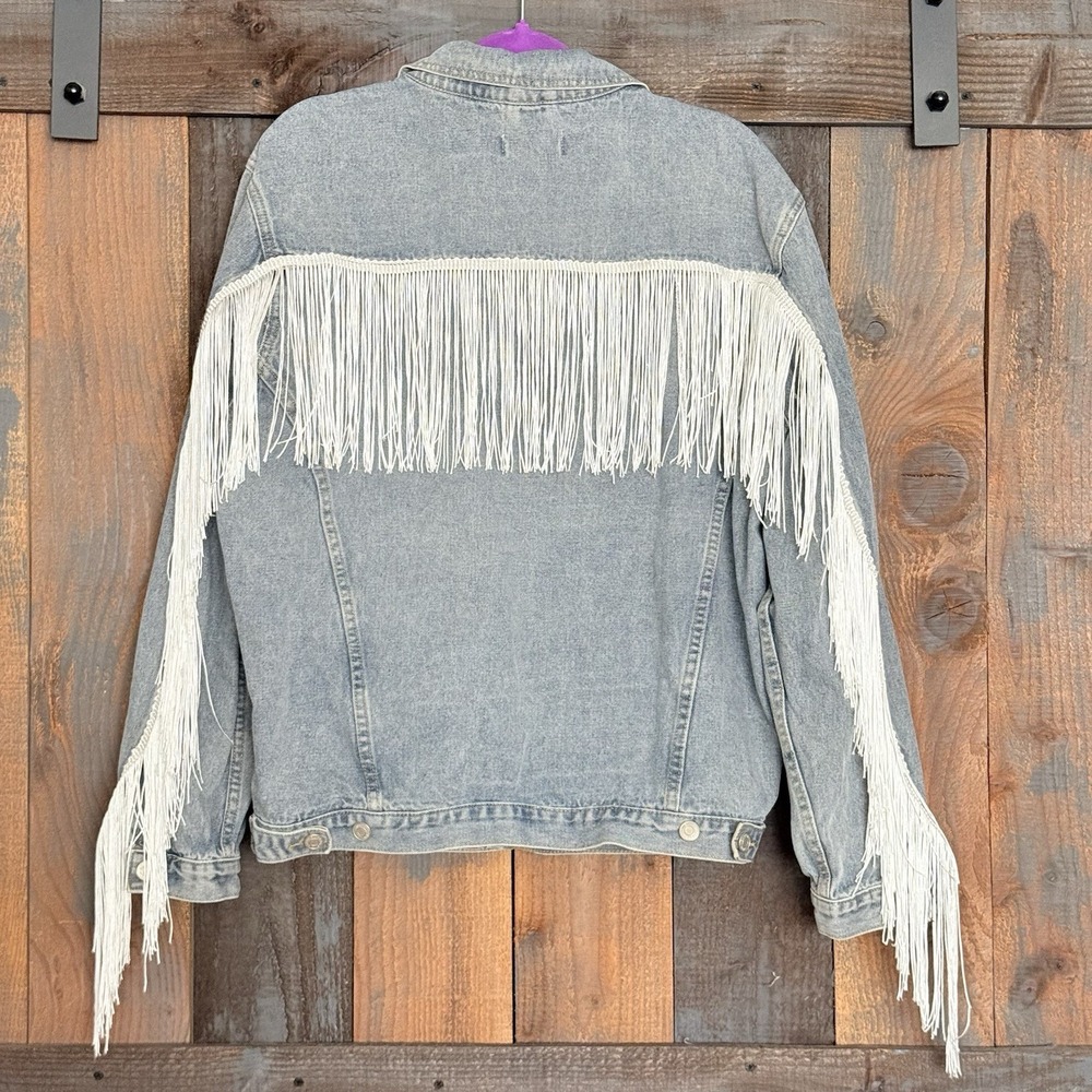 Elia Cher Western Jacket Women M 8-10 Denim Fringed Long Sleeve Button Front
